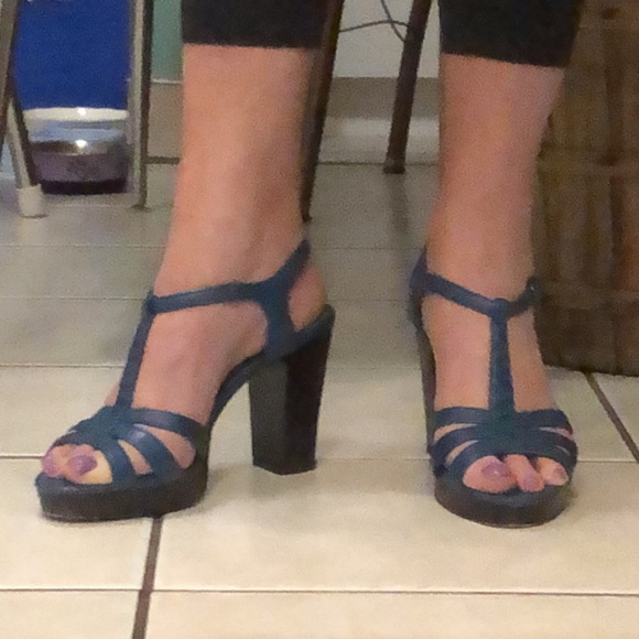 Blue Block Heel T-Strap Sandals - Picture 11 of 12